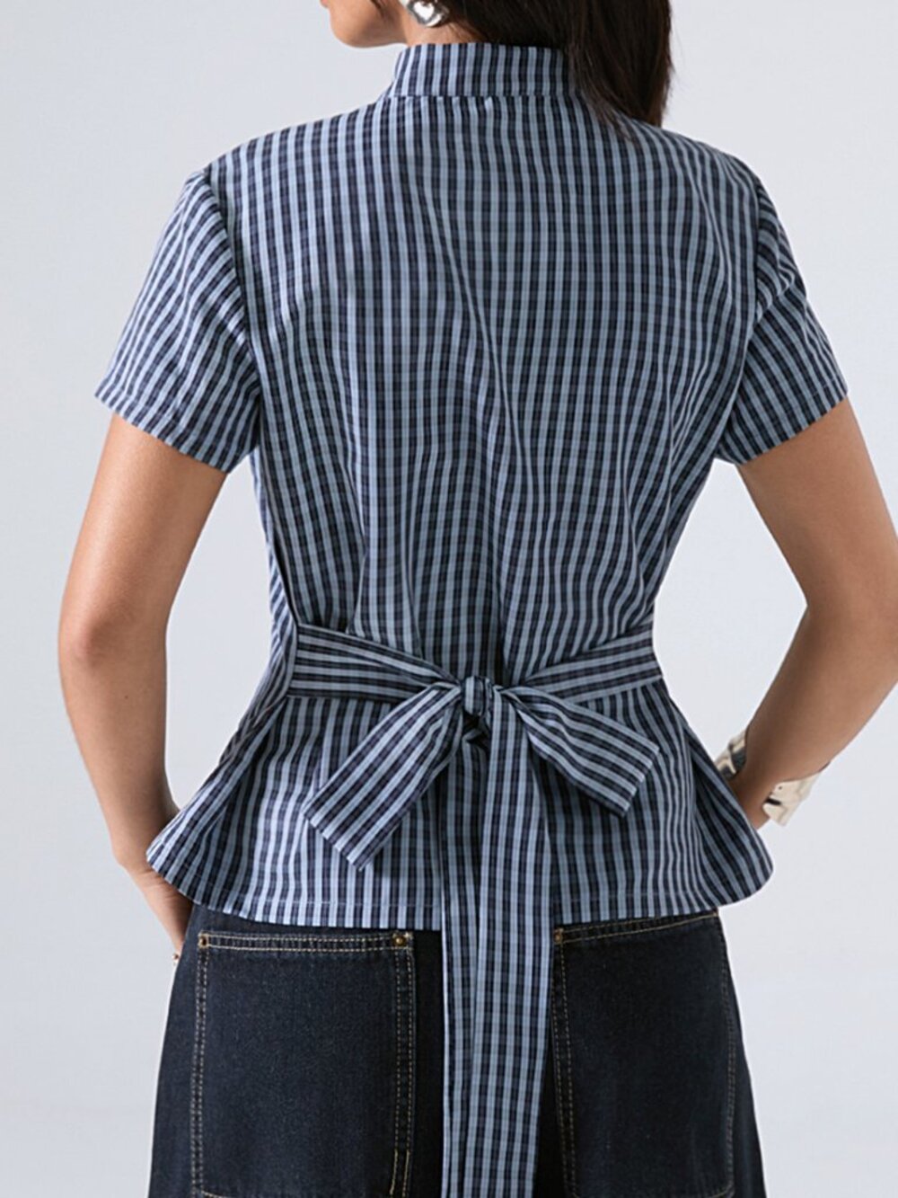 Blue Casual Women's Stand Collar Regular Fit Shirt Blouse - Picture 7 of 8